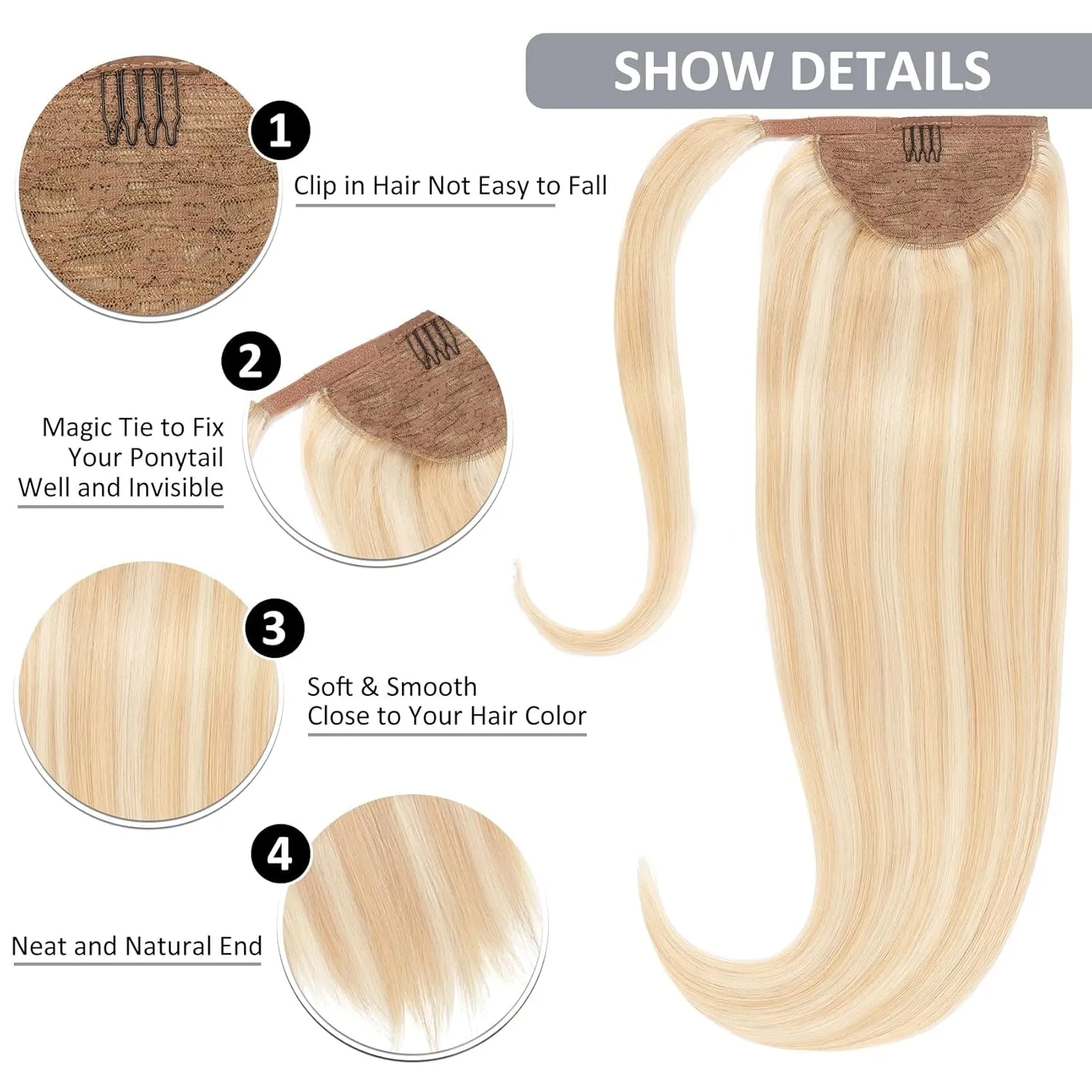 Caliee 16Inch Ponytail Hair Extension for Women 100% Remy Human Hair Silky Straight Long Ponytail Extension Highlight P12/60A Golden Brown with Platinum Blonde Clip in Pony Tail Hairpieces 80G