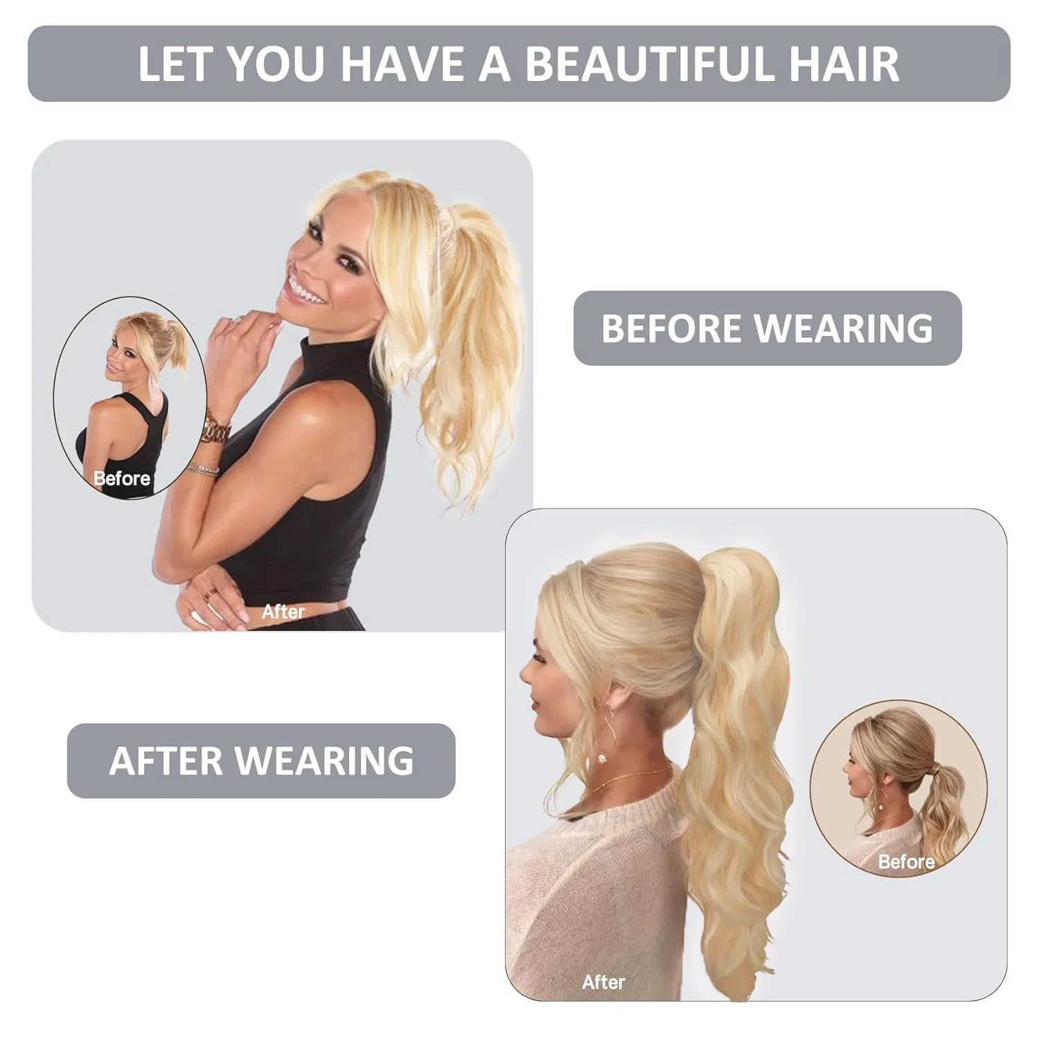 Caliee 16Inch Ponytail Hair Extension for Women 100% Remy Human Hair Silky Straight Long Ponytail Extension Highlight P12/60A Golden Brown with Platinum Blonde Clip in Pony Tail Hairpieces 80G
