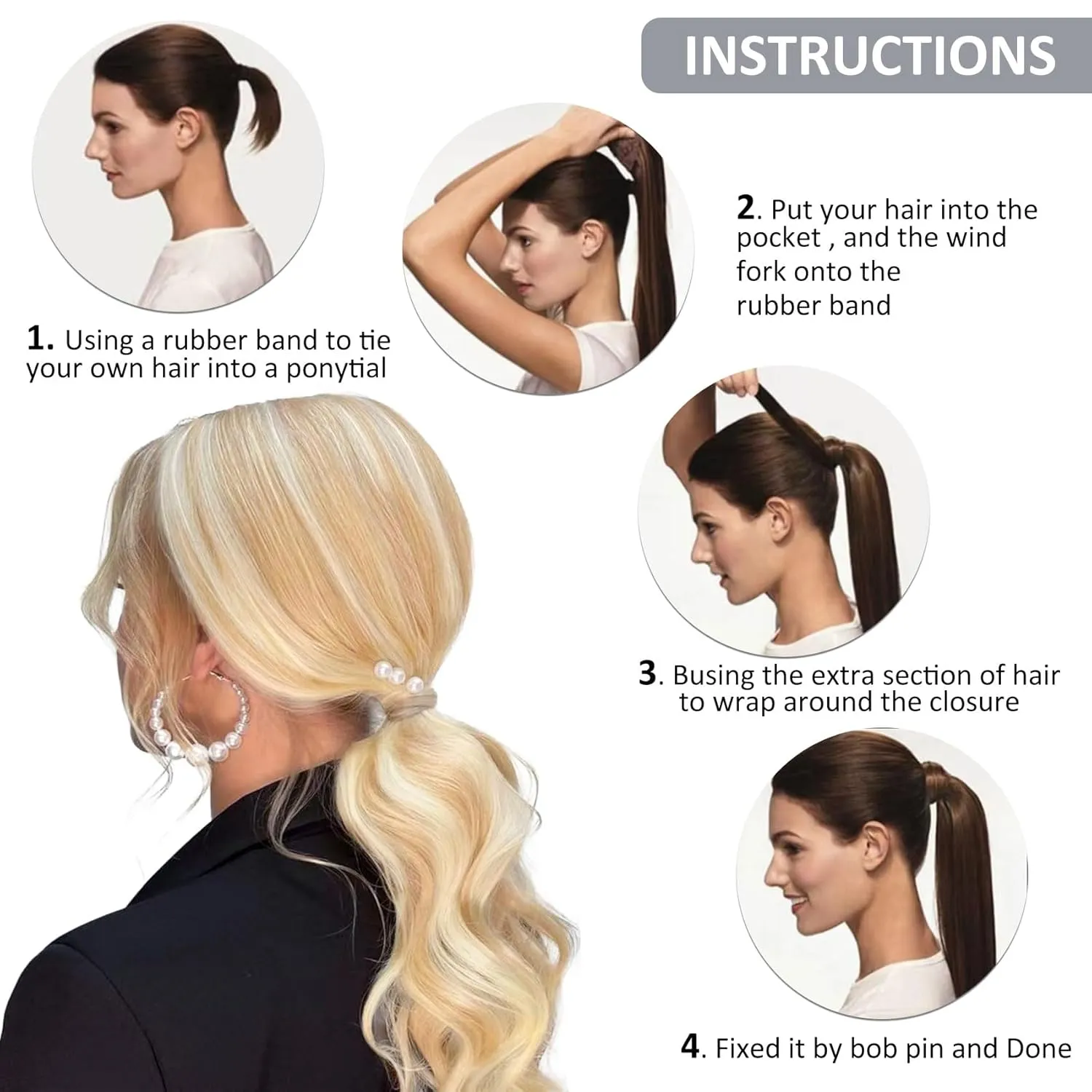 Caliee 16Inch Ponytail Hair Extension for Women 100% Remy Human Hair Silky Straight Long Ponytail Extension Highlight P12/60A Golden Brown with Platinum Blonde Clip in Pony Tail Hairpieces 80G