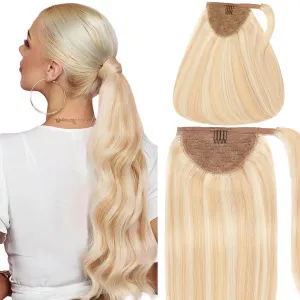 Caliee 16Inch Ponytail Hair Extension for Women 100% Remy Human Hair Silky Straight Long Ponytail Extension Highlight P12/60A Golden Brown with Platinum Blonde Clip in Pony Tail Hairpieces 80G