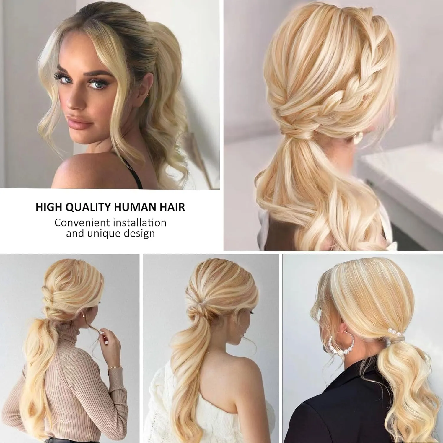 Caliee 16Inch Ponytail Hair Extension for Women 100% Remy Human Hair Silky Straight Long Ponytail Extension Highlight P12/60A Golden Brown with Platinum Blonde Clip in Pony Tail Hairpieces 80G