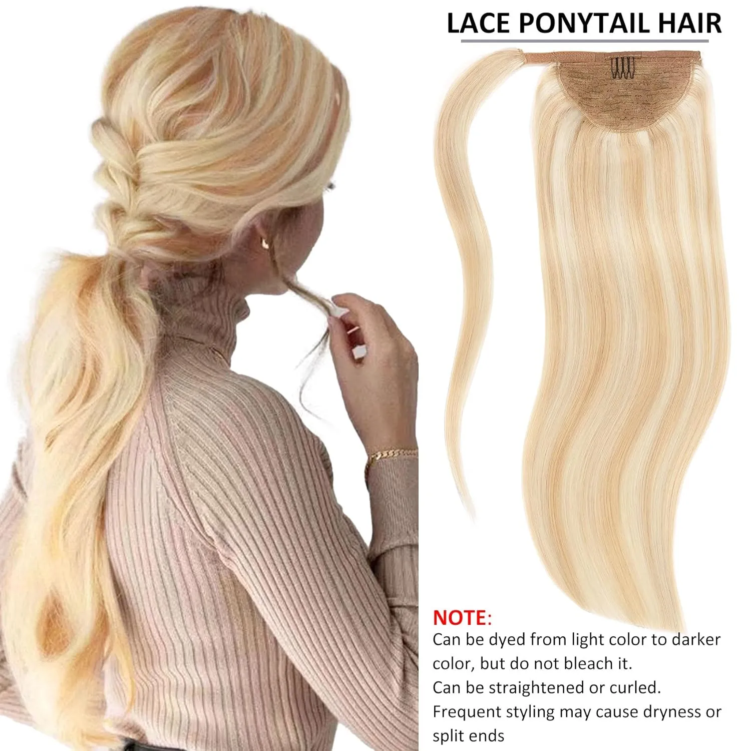 Caliee 16Inch Ponytail Hair Extension for Women 100% Remy Human Hair Silky Straight Long Ponytail Extension Highlight P12/60A Golden Brown with Platinum Blonde Clip in Pony Tail Hairpieces 80G