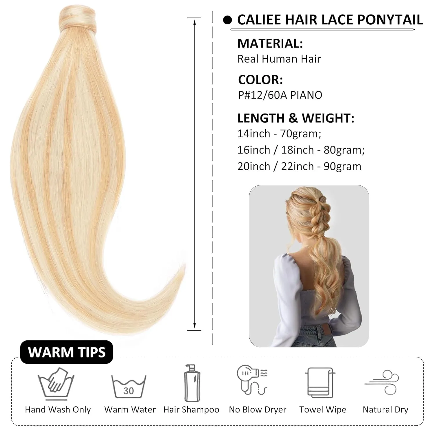 Caliee 16Inch Ponytail Hair Extension for Women 100% Remy Human Hair Silky Straight Long Ponytail Extension Highlight P12/60A Golden Brown with Platinum Blonde Clip in Pony Tail Hairpieces 80G