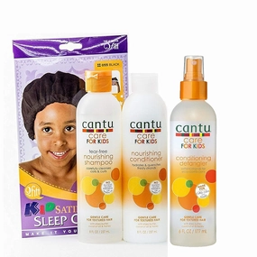 Cantu Care for Kids Tear-Free Shampoo, Conditioner & Detangler TRIO Bundle   FREE Kids Satin Sleep Cap
