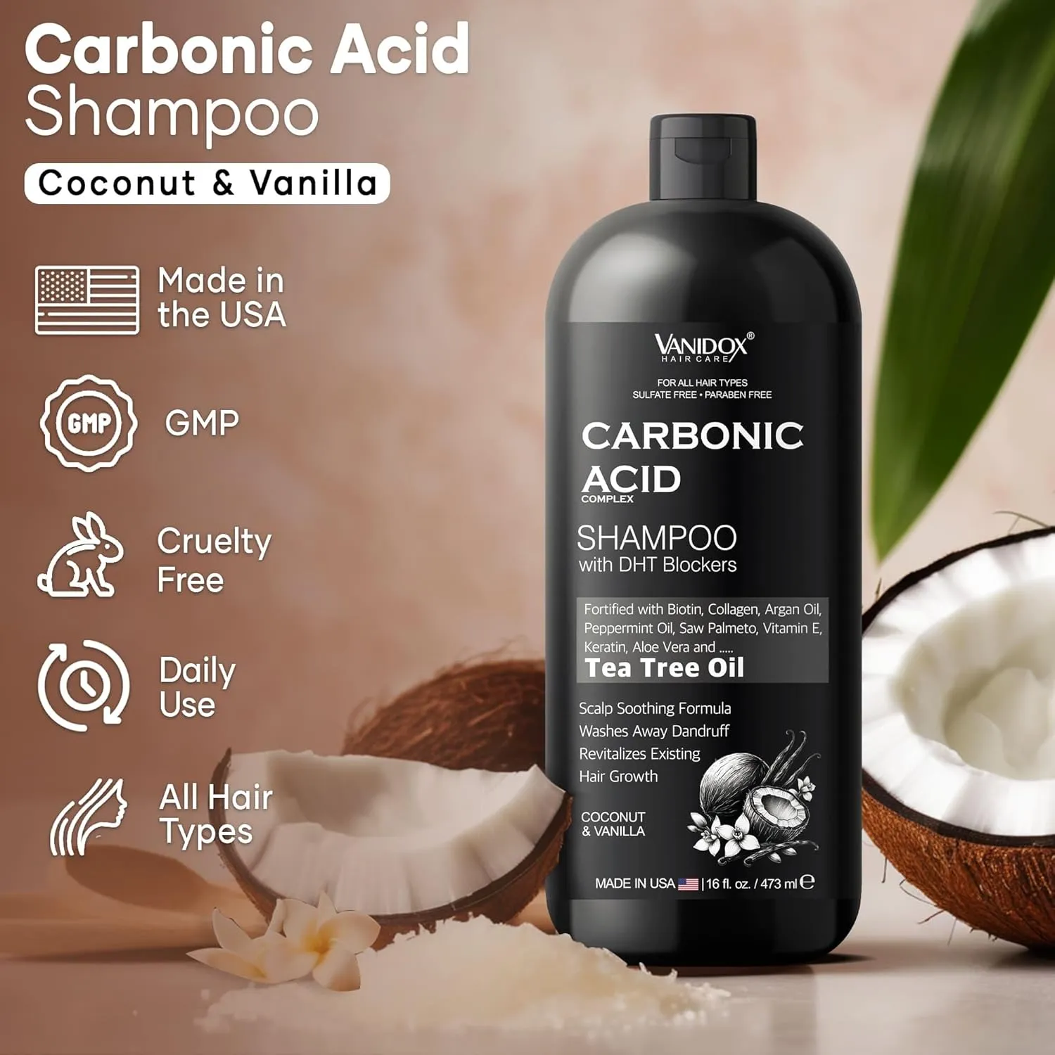 Carbonic Acid Shampoo for Men and Women with DHT Blockers - Made in USA - Stimulates Hair Growth, Scalp Exfoliator, Sulfate Free Shampoo with Biotin and Tea Tree Oil (16 Fl Oz)