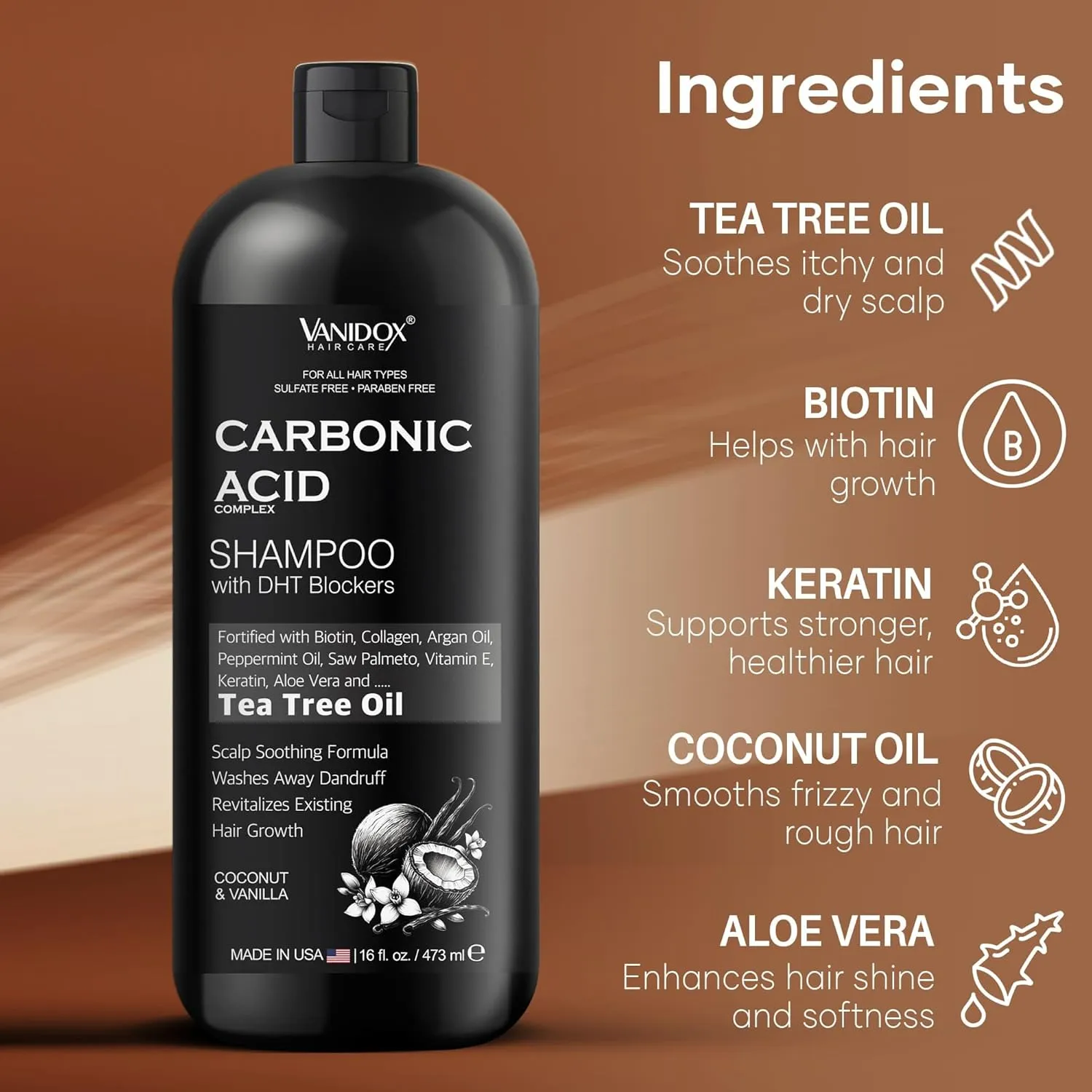 Carbonic Acid Shampoo for Men and Women with DHT Blockers - Made in USA - Stimulates Hair Growth, Scalp Exfoliator, Sulfate Free Shampoo with Biotin and Tea Tree Oil (16 Fl Oz)