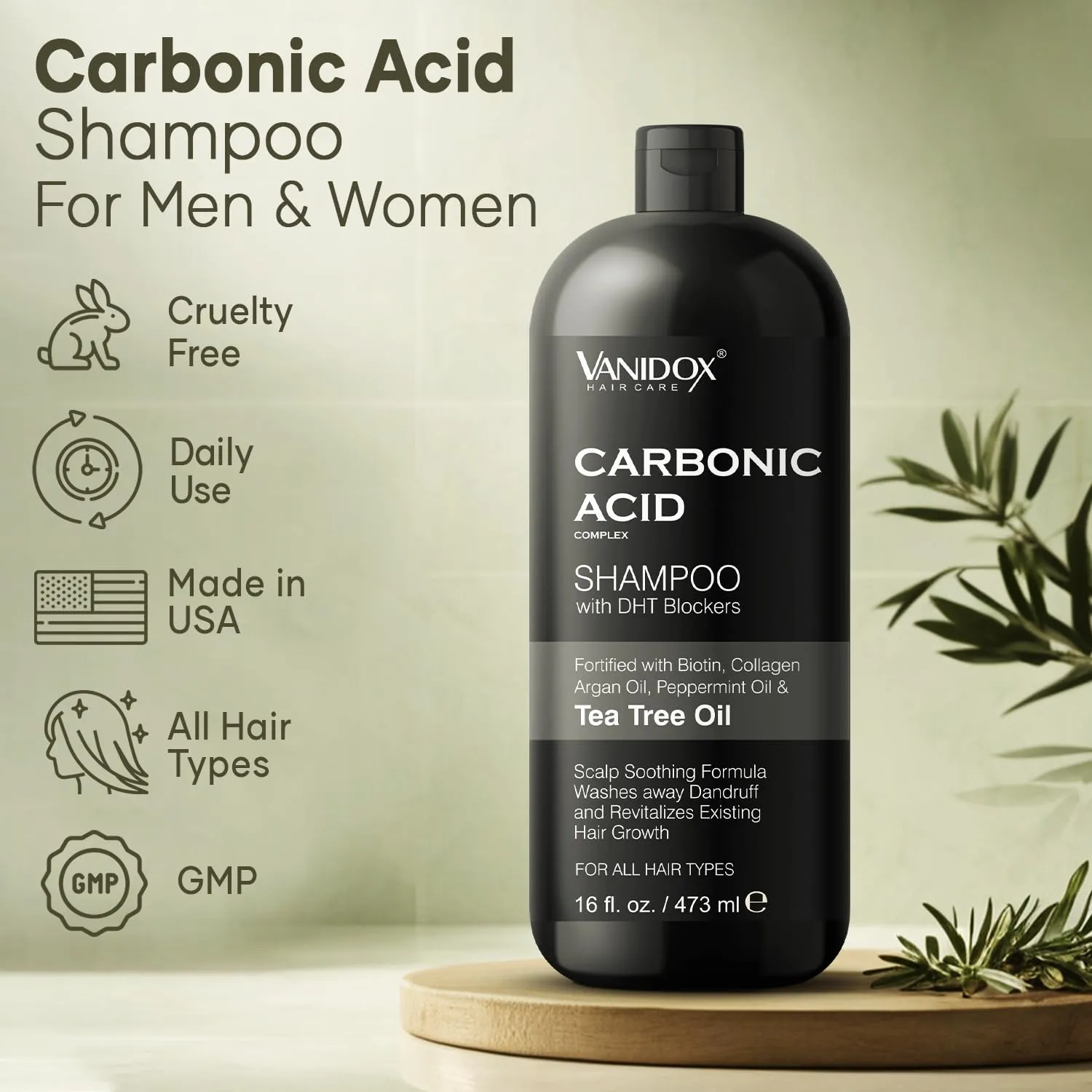 Carbonic Acid Shampoo for Men and Women with DHT Blockers - Made in USA - Stimulates Hair Growth, Scalp Exfoliator, Sulfate Free Shampoo with Biotin and Tea Tree Oil (16 Fl Oz)