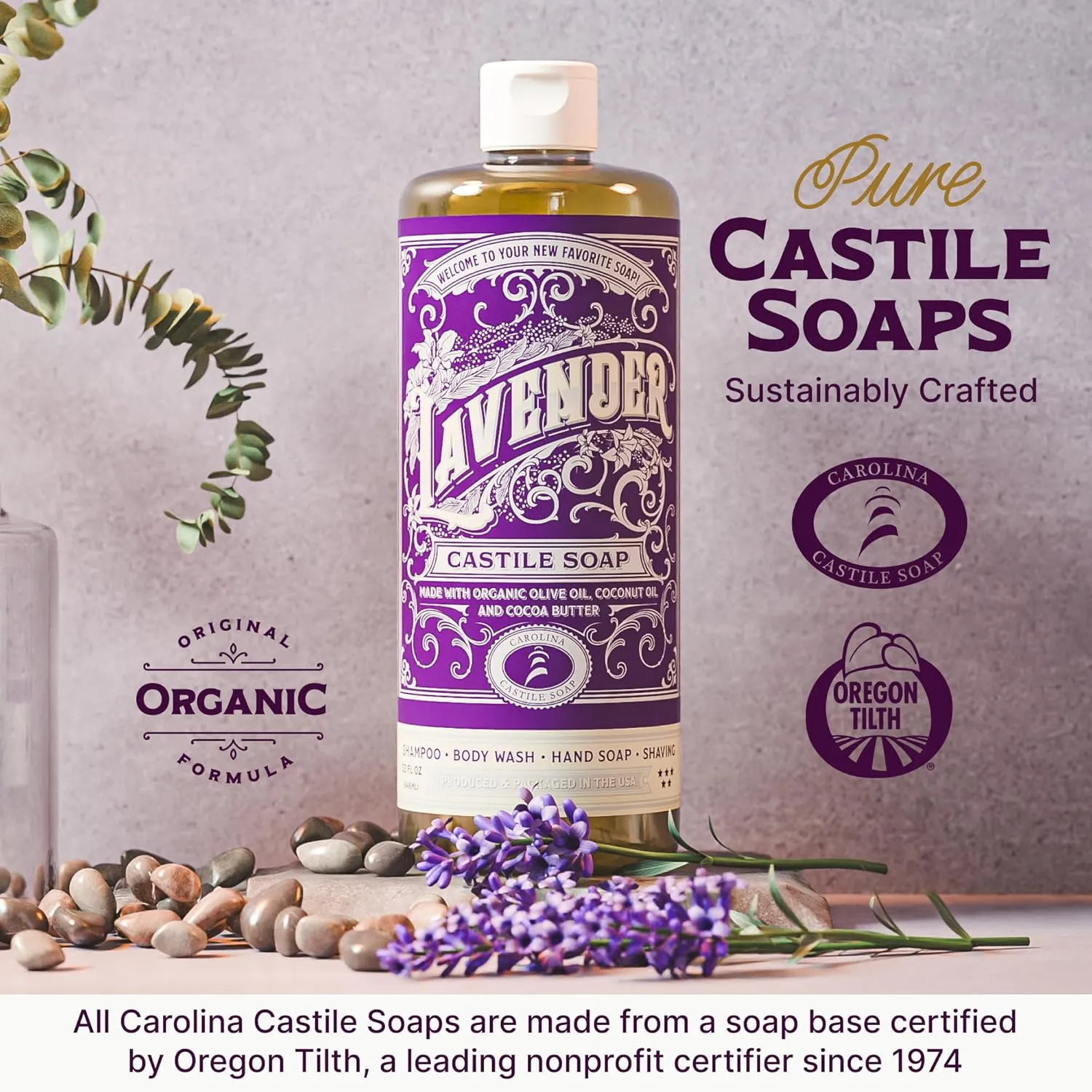 Carolina Castile Soap Lavender Scent – Certified Organic Base, High Olive Oil Content, Non-Drying, Made with Organic Oils, Concentrated Natural Body Wash for Men and Women (Lavender, 32 Fl Oz)