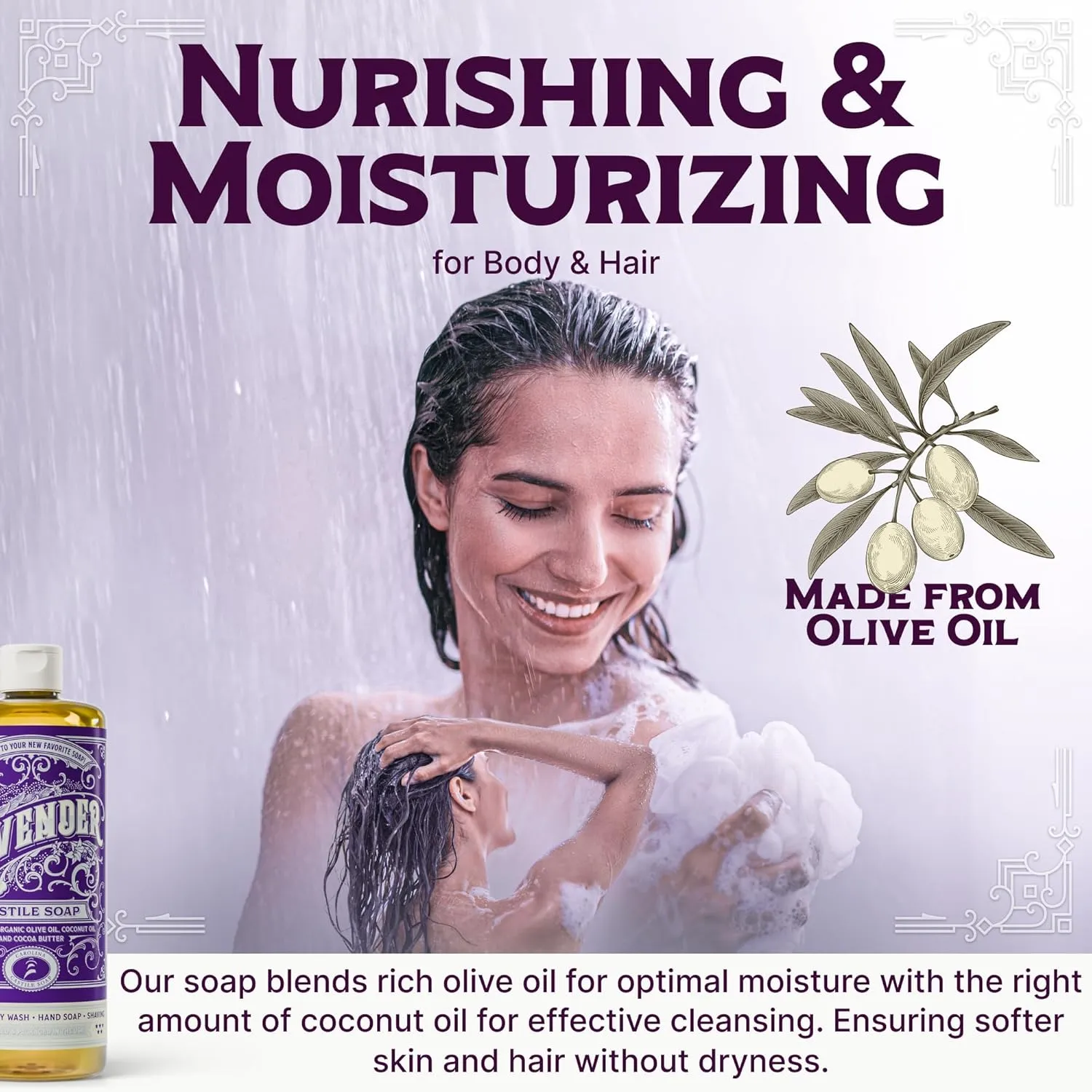 Carolina Castile Soap Lavender Scent – Certified Organic Base, High Olive Oil Content, Non-Drying, Made with Organic Oils, Concentrated Natural Body Wash for Men and Women (Lavender, 32 Fl Oz)