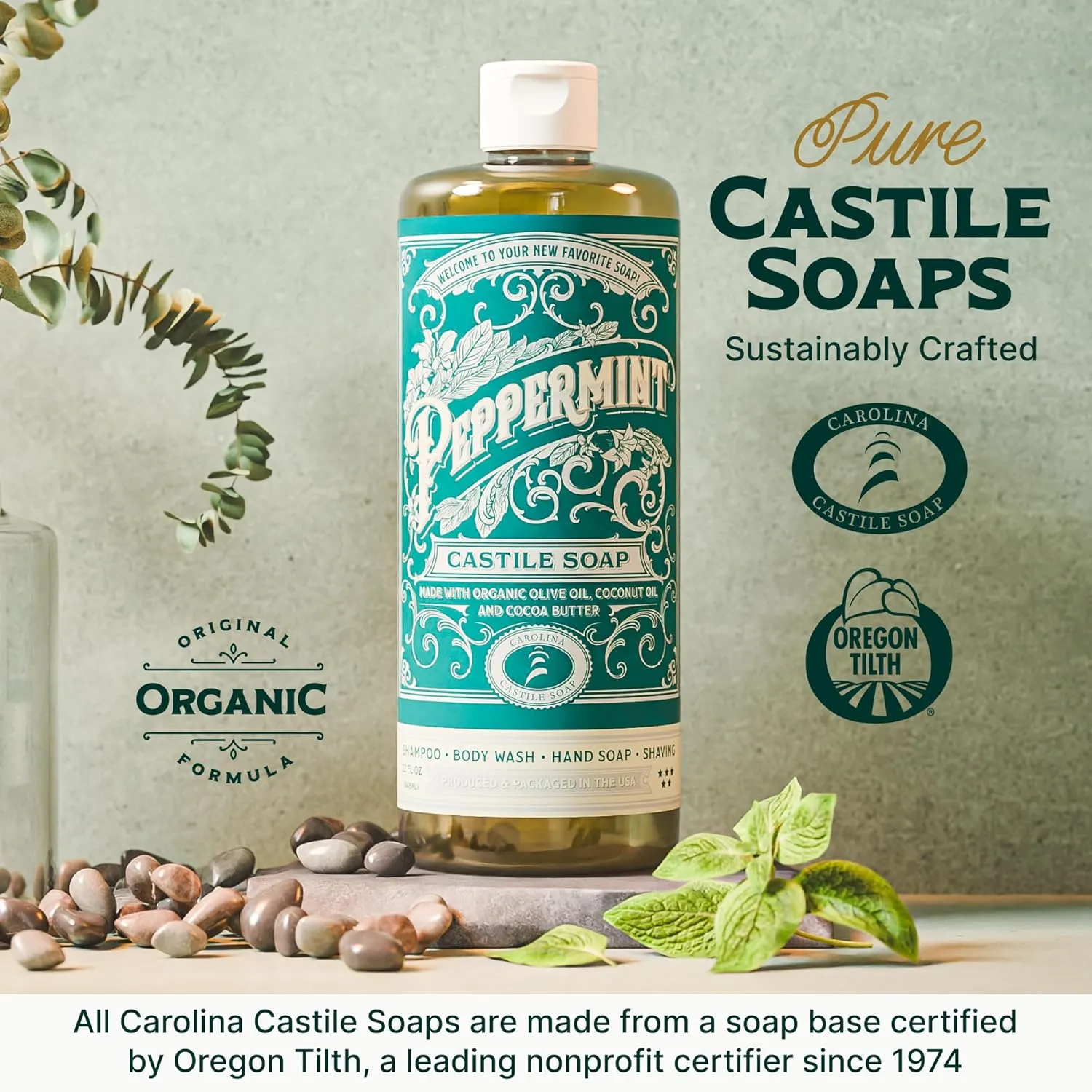 Carolina Peppermint Bulk Castile Soap Liquid – Organic Body Wash With High Olive Oil Content – Bulk Size Castile Liquid Soap EWG Verified 5 Gallon