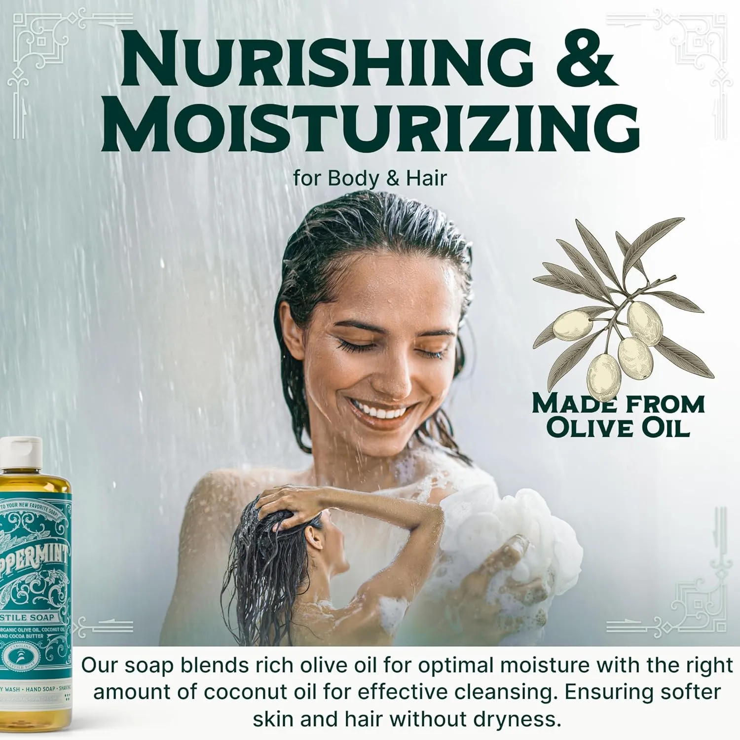 Carolina Peppermint Bulk Castile Soap Liquid – Organic Body Wash With High Olive Oil Content – Bulk Size Castile Liquid Soap EWG Verified 5 Gallon