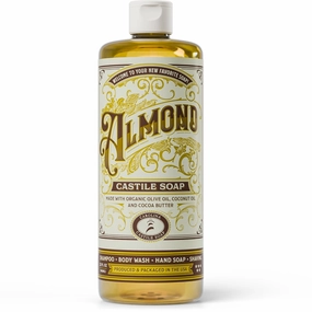 Carolina Castile Soap Almond Scent – Certified Organic Base, High Olive Oil Content, Non-Drying, Made with Organic Oils, Concentrated Natural Body Wash for Men and Women (Almond, 32 Fl Oz)