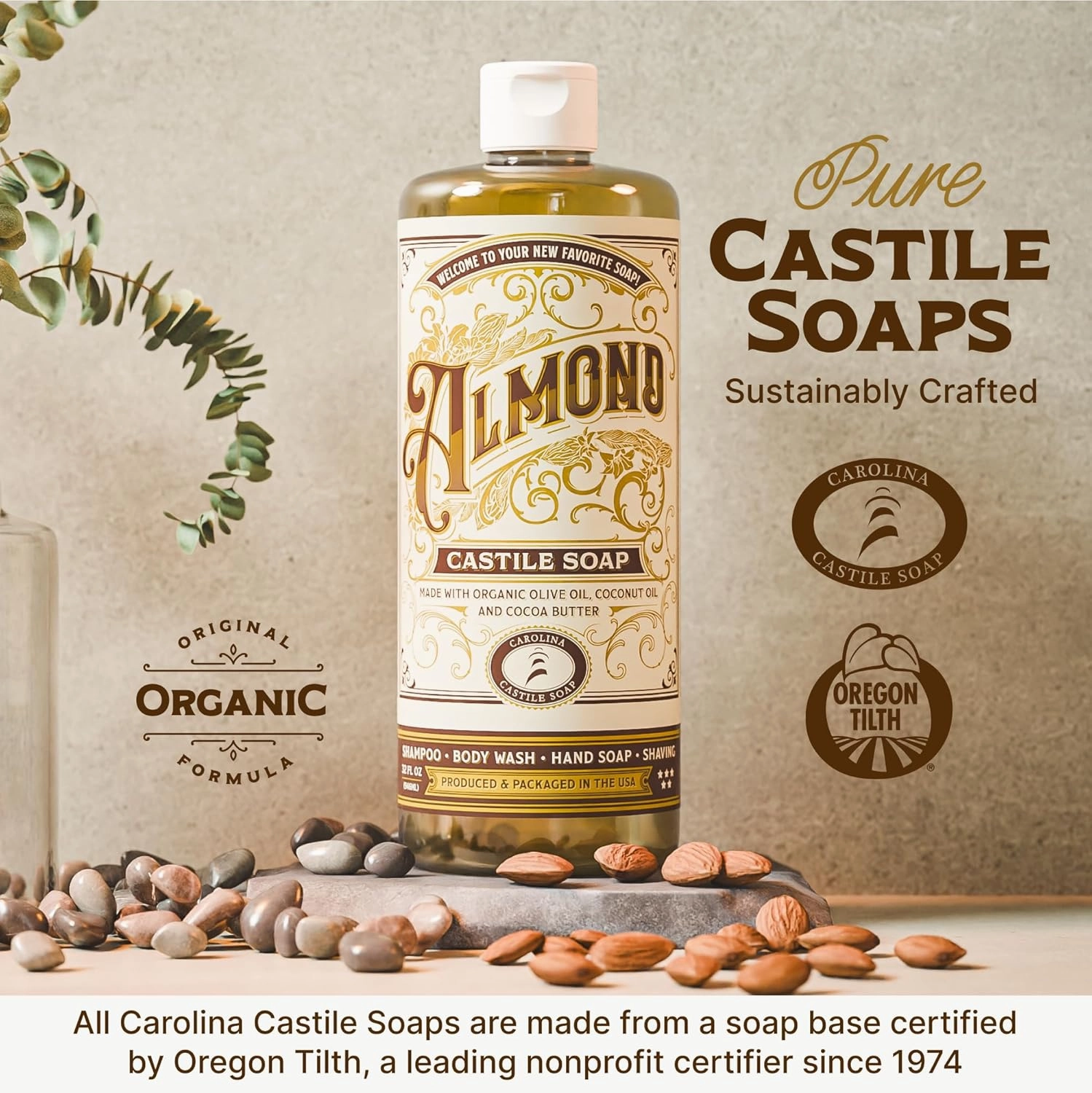 Carolina Castile Soap Almond Scent – Certified Organic Base, High Olive Oil Content, Non-Drying, Made with Organic Oils, Concentrated Natural Body Wash for Men and Women (Almond, 32 Fl Oz)