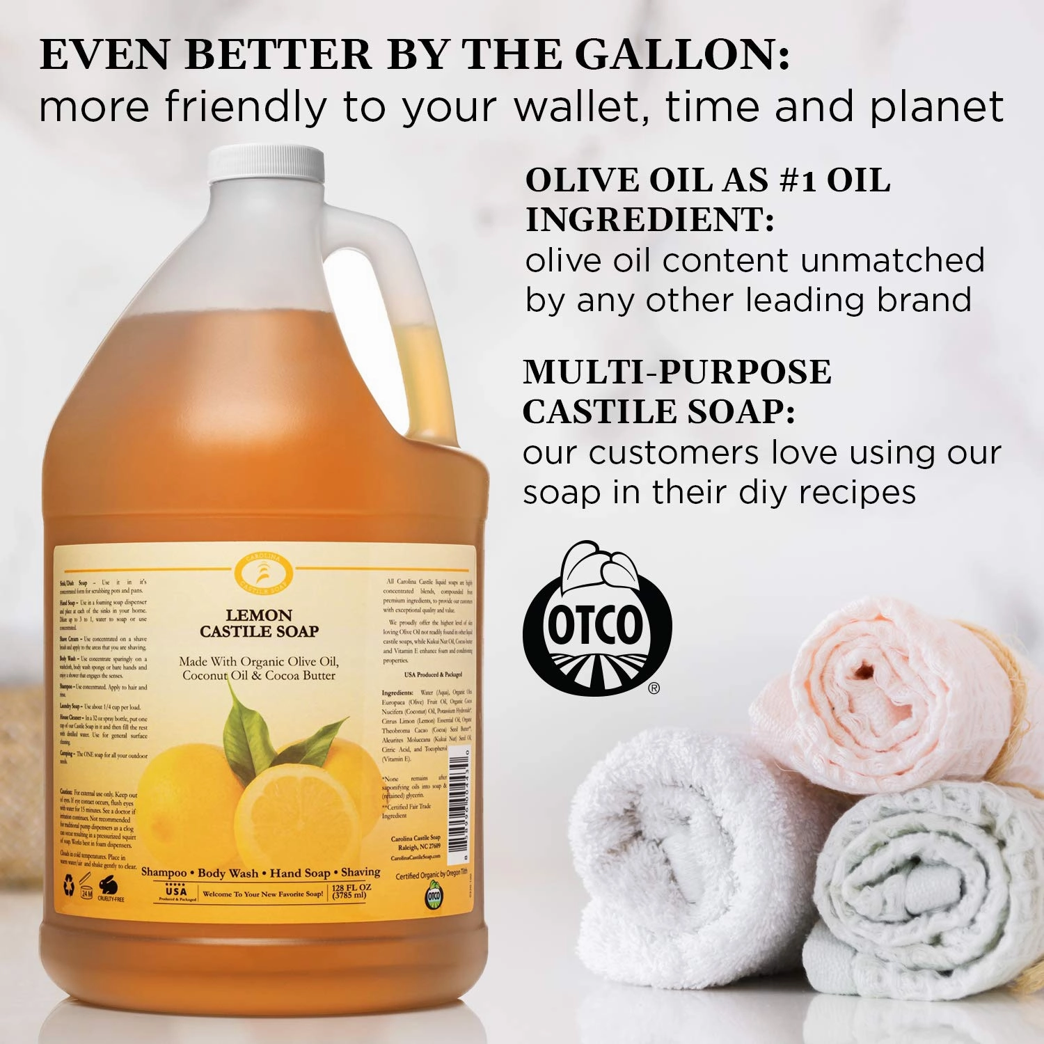 Carolina Castile Soap Lemon Scent – Certified Organic Base, High Olive Oil Content, Non-Drying, Made with Organic Oils, Concentrated Natural Body Wash for Men and Women (Lemnon, 1 Gallon)