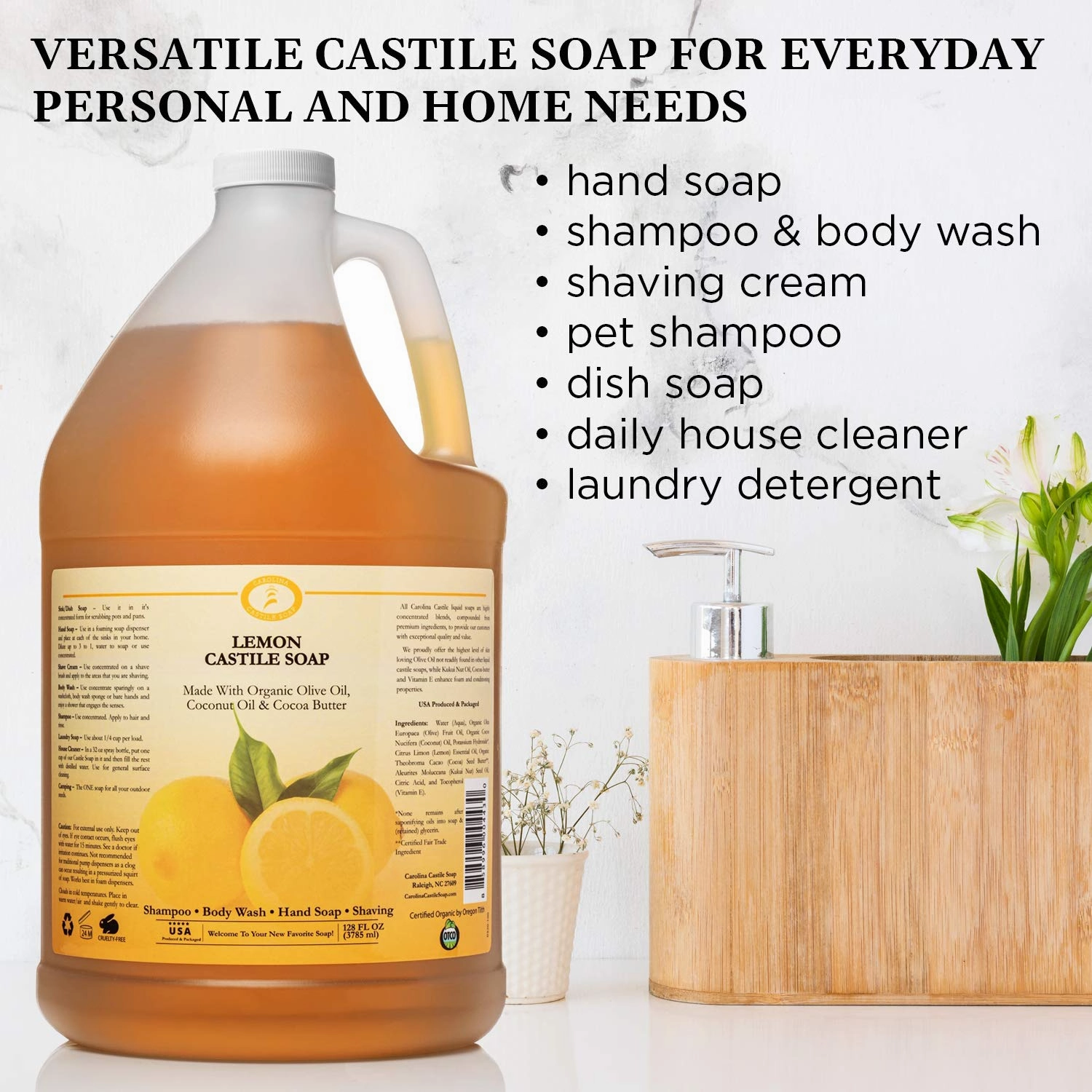 Carolina Castile Soap Lemon Scent – Certified Organic Base, High Olive Oil Content, Non-Drying, Made with Organic Oils, Concentrated Natural Body Wash for Men and Women (Lemnon, 1 Gallon)