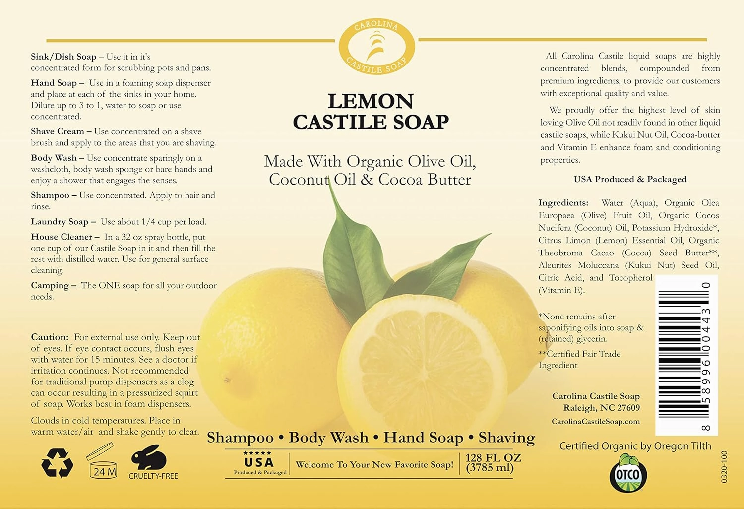 Carolina Castile Soap Lemon Scent – Certified Organic Base, High Olive Oil Content, Non-Drying, Made with Organic Oils, Concentrated Natural Body Wash for Men and Women (Lemnon, 1 Gallon)