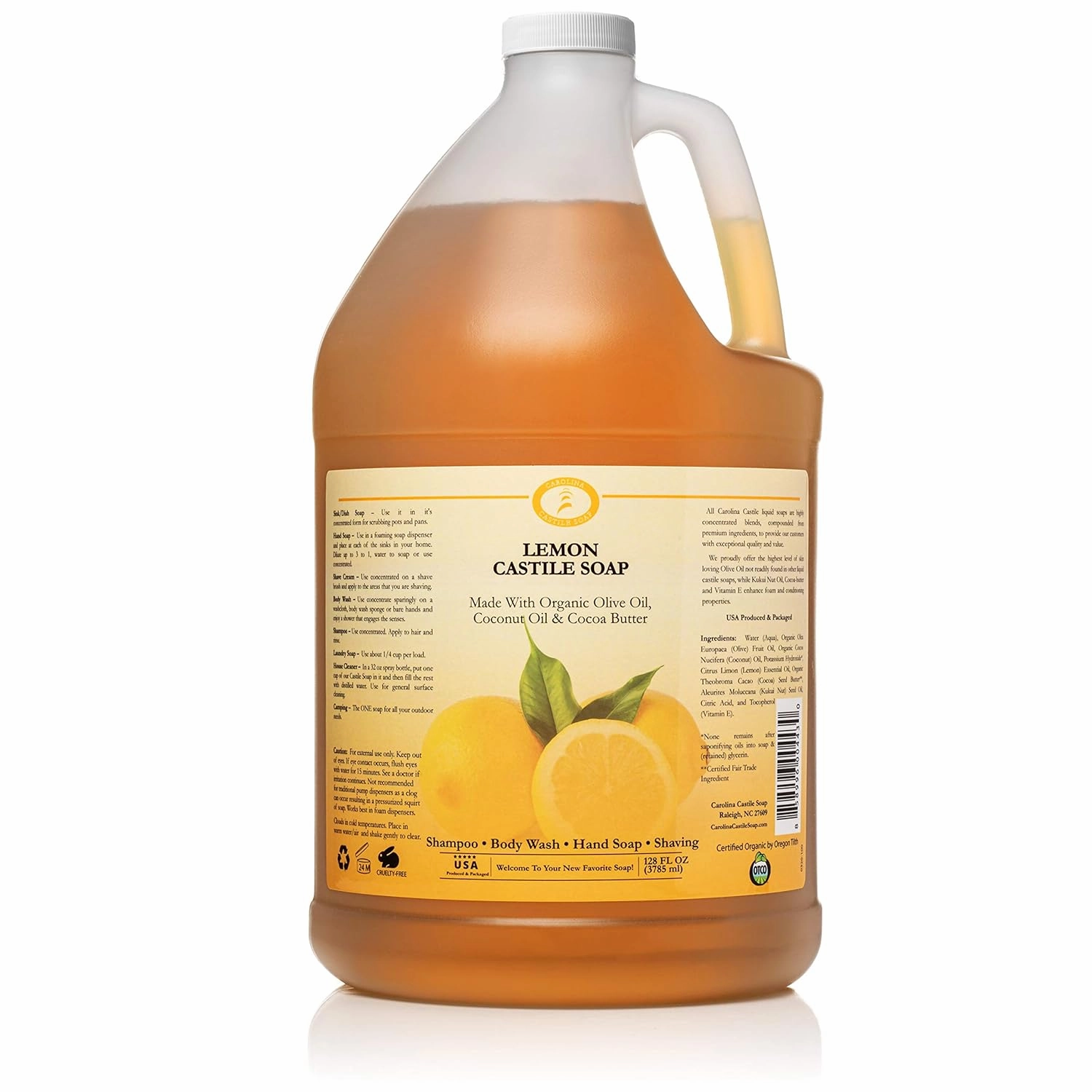Carolina Castile Soap Lemon Scent – Certified Organic Base, High Olive Oil Content, Non-Drying, Made with Organic Oils, Concentrated Natural Body Wash for Men and Women (Lemnon, 1 Gallon)