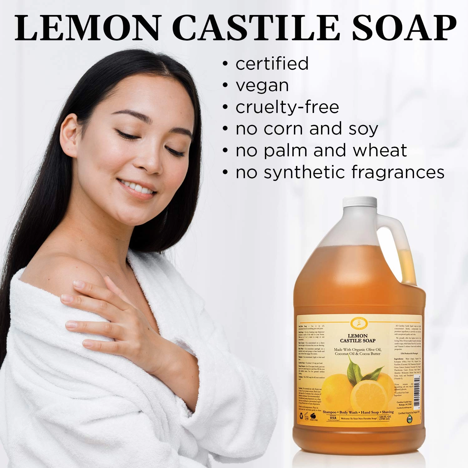 Carolina Castile Soap Lemon Scent – Certified Organic Base, High Olive Oil Content, Non-Drying, Made with Organic Oils, Concentrated Natural Body Wash for Men and Women (Lemnon, 1 Gallon)