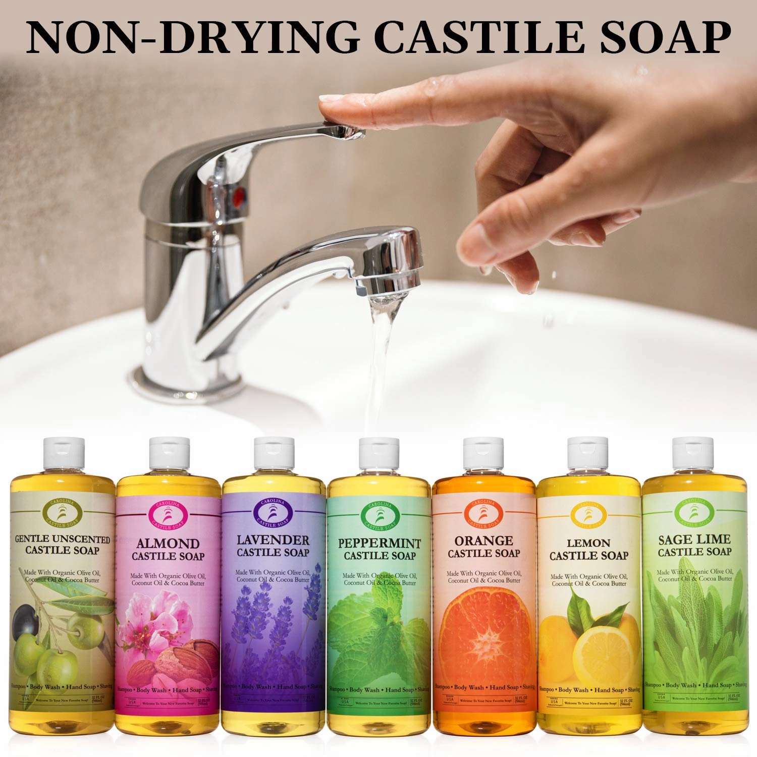 Carolina Castile Soap Lemon Scent – Certified Organic Base, High Olive Oil Content, Non-Drying, Made with Organic Oils, Concentrated Natural Body Wash for Men and Women (Lemnon, 1 Gallon)