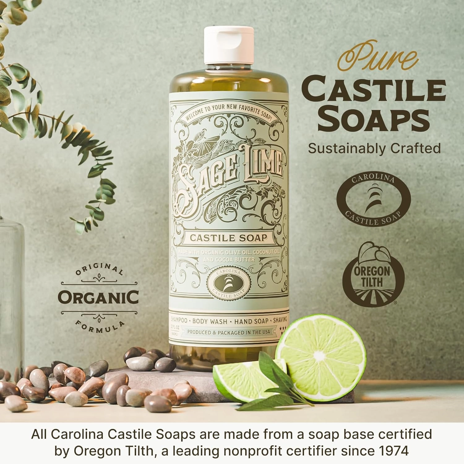 Carolina Castile Soap Sage Lime Scent – Certified Organic Base, High Olive Oil Content, Non-Drying, Made with Organic Oils, Concentrated Natural Body Wash for Men and Women (Sage Lime, 32 Ounces)