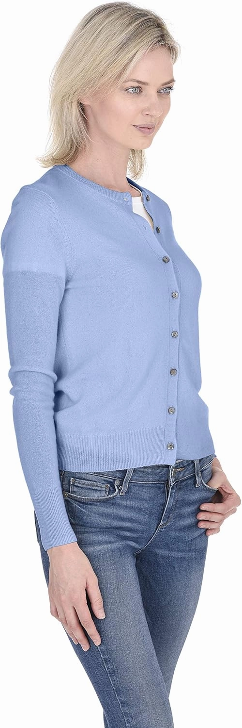 Cashmeren Crewneck Cardigan Sweater 100% Cashmere Button Front Long Sleeve Pullover for Women