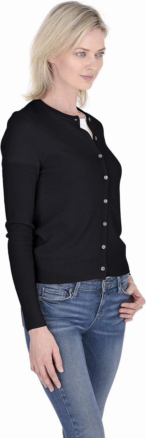 Cashmeren Crewneck Cardigan Sweater 100% Cashmere Button Front Long Sleeve Pullover for Women