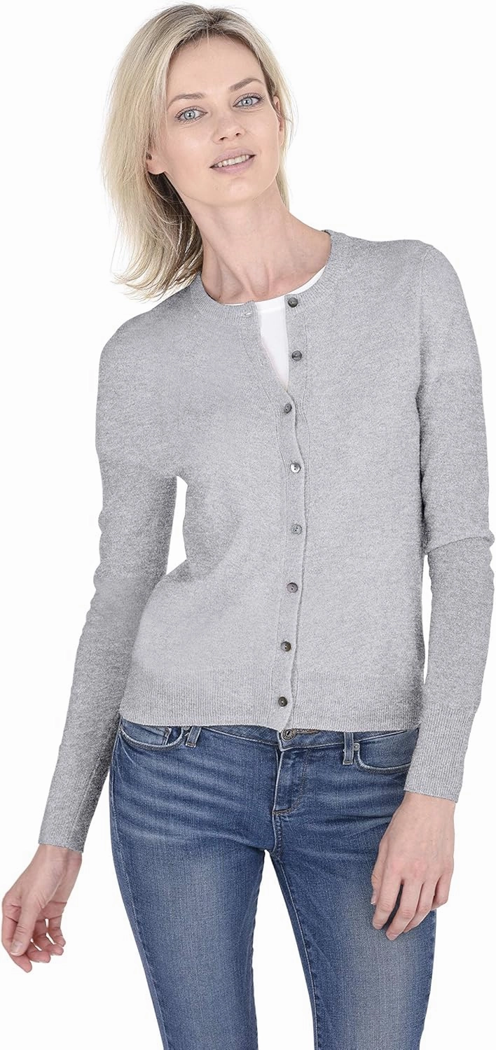 Cashmeren Crewneck Cardigan Sweater 100% Cashmere Button Front Long Sleeve Pullover for Women