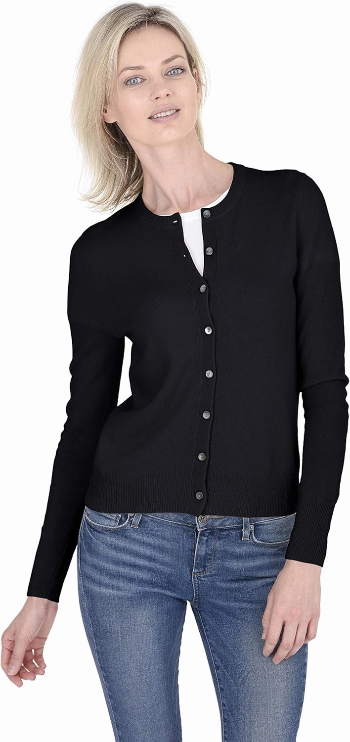 Cashmeren Crewneck Cardigan Sweater 100% Cashmere Button Front Long Sleeve Pullover for Women