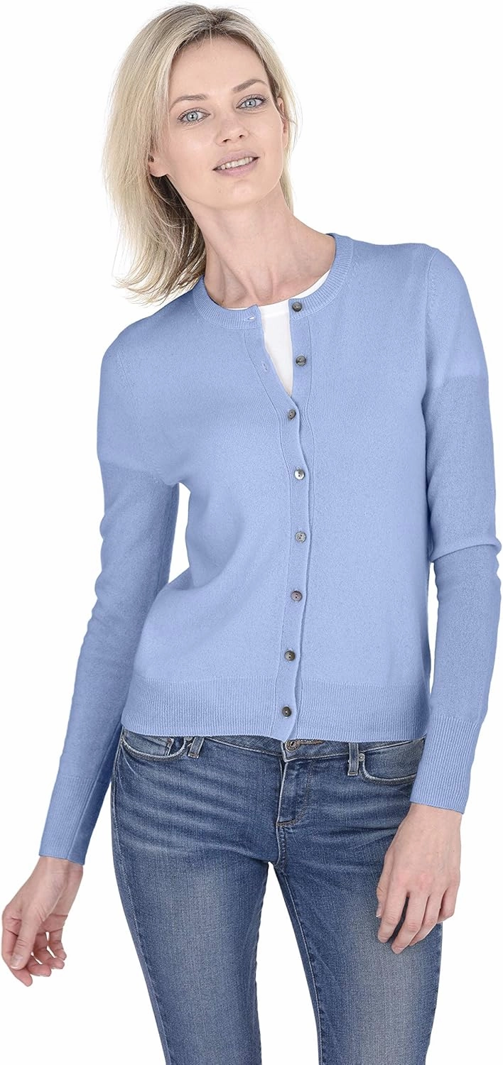 Cashmeren Crewneck Cardigan Sweater 100% Cashmere Button Front Long Sleeve Pullover for Women