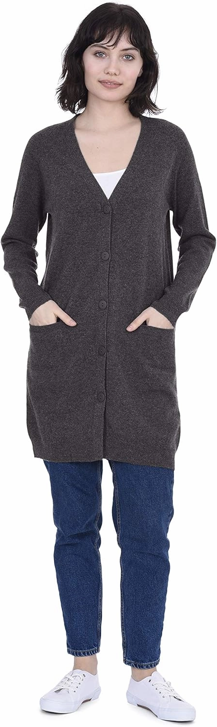 Cashmeren Long Profile Button Front Cardigan 100% Pure Cashmere V Neck Fashion Long Sleeve Sweater Coat for Women