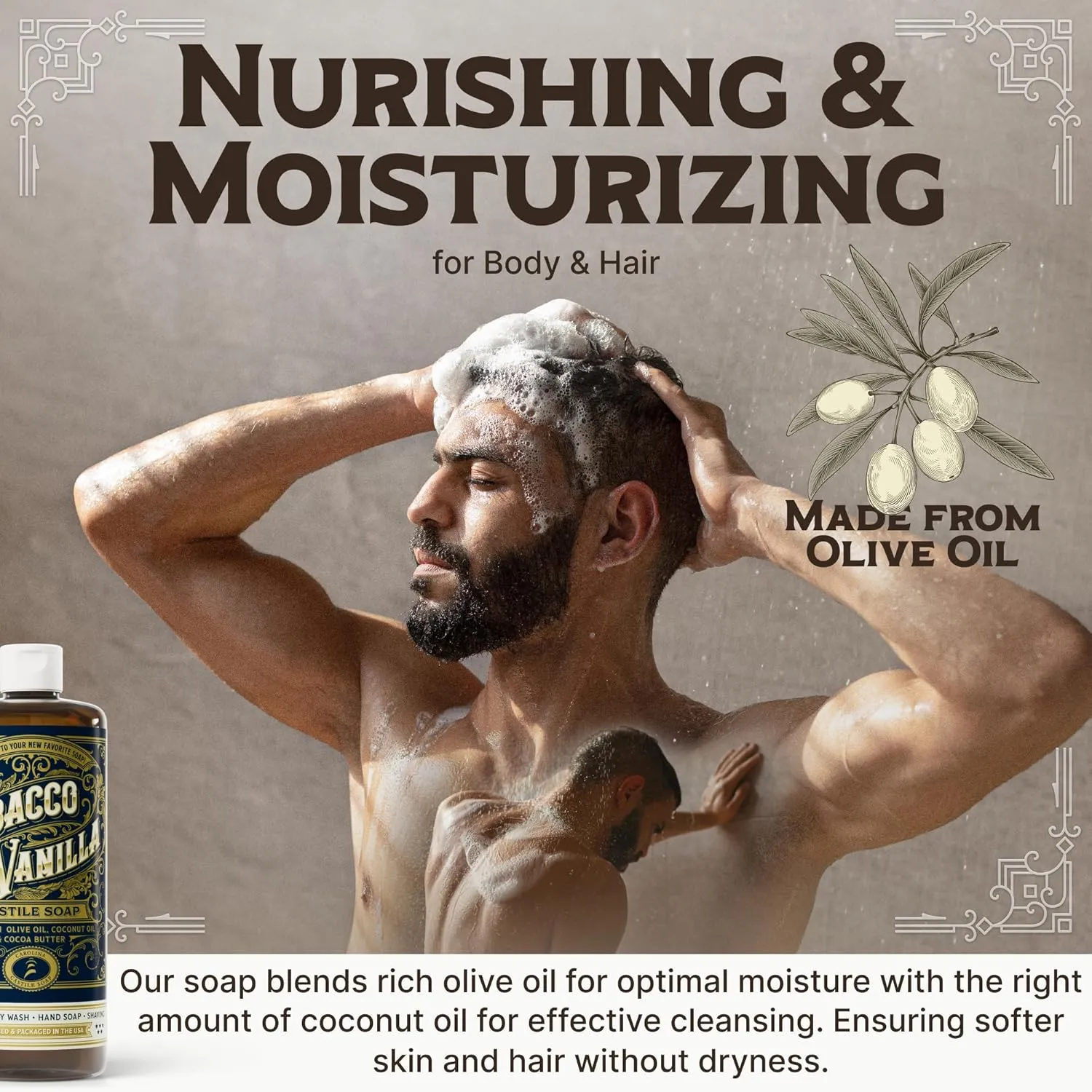 Castile Liquid Body Wash for Sensitive Skin – Natural Shampoo for Men with Olive Oil, Cocoa Butter & Coconut Oil – Tobacco Vanilla by Carolina Castile (Tobacco Vanilla, 32 Fl Oz)