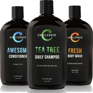 Challenger Men’s Tea Tree Shampoo, Conditioner, & Fresh Body Wash Trio, 3X 16 Oz Bottles | Sulfate Free w/Vitamins, Argan Oil, Biotin | Keratin, Vitamin C, Vitamin D, Protein, No Artificial Colors