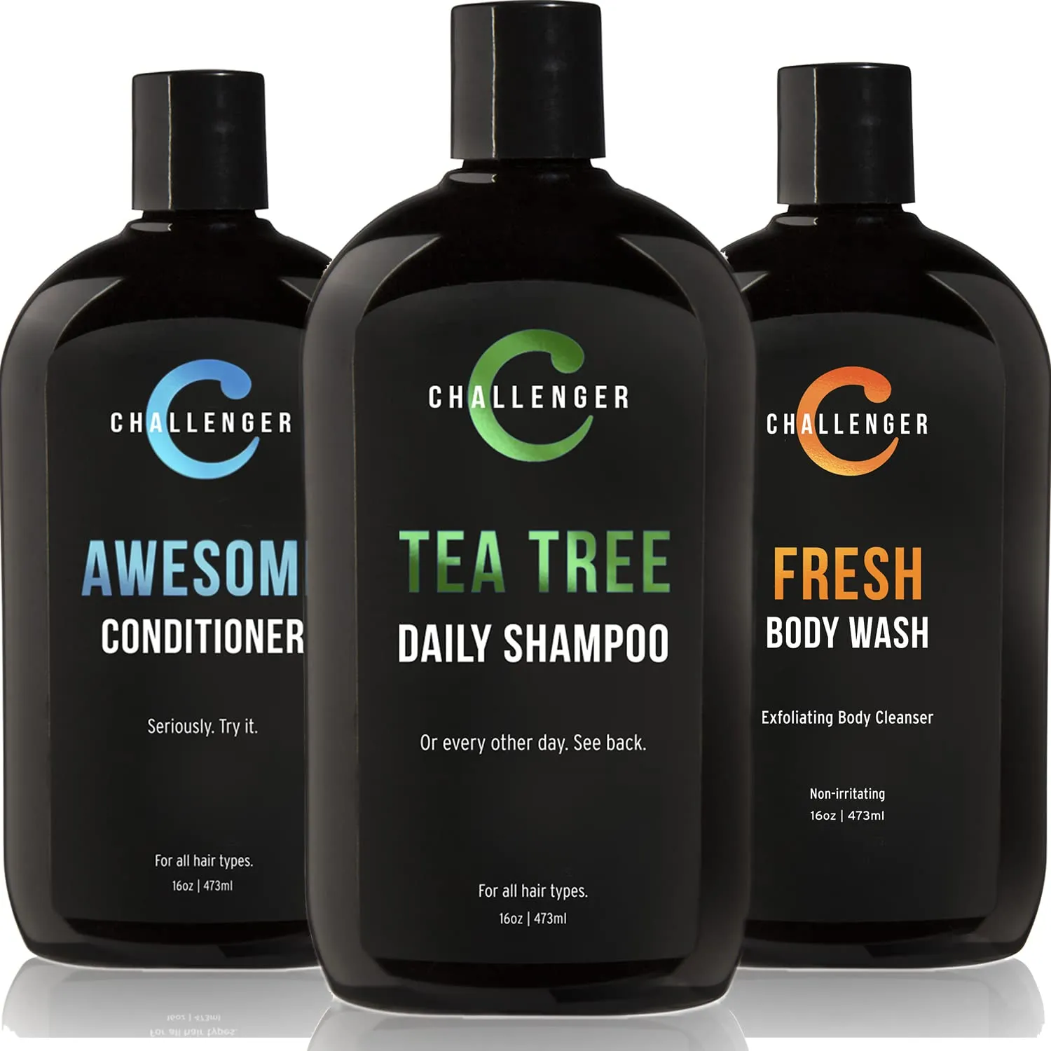 Challenger Men’s Tea Tree Shampoo, Conditioner, & Fresh Body Wash Trio, 3X 16 Oz Bottles | Sulfate Free w/Vitamins, Argan Oil, Biotin | Keratin, Vitamin C, Vitamin D, Protein, No Artificial Colors
