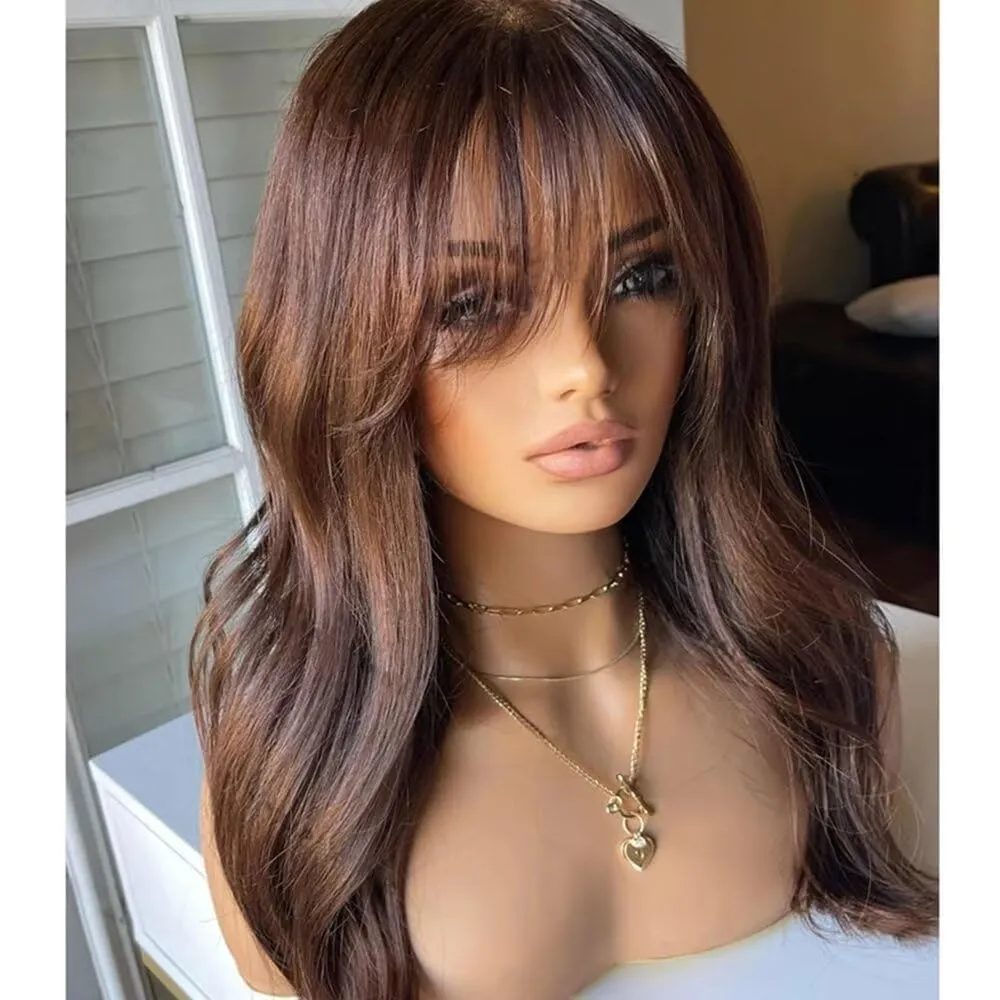 Chocolate Brown #4 Colored Wig with Bangs 13X6 HD Lace Front Wig Natural Wave Glueless Human Hair Pre Plucked with Bleached Knots Brazilian Remy Hair 150 Density For Black Woman 16 Inches