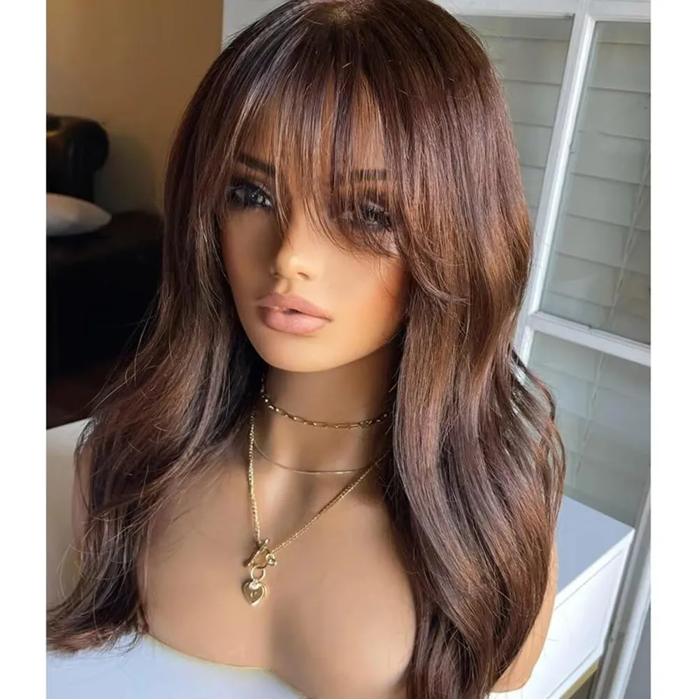 Chocolate Brown #4 Colored Wig with Bangs 13X6 HD Lace Front Wig Natural Wave Glueless Human Hair Pre Plucked with Bleached Knots Brazilian Remy Hair 150 Density For Black Woman 16 Inches