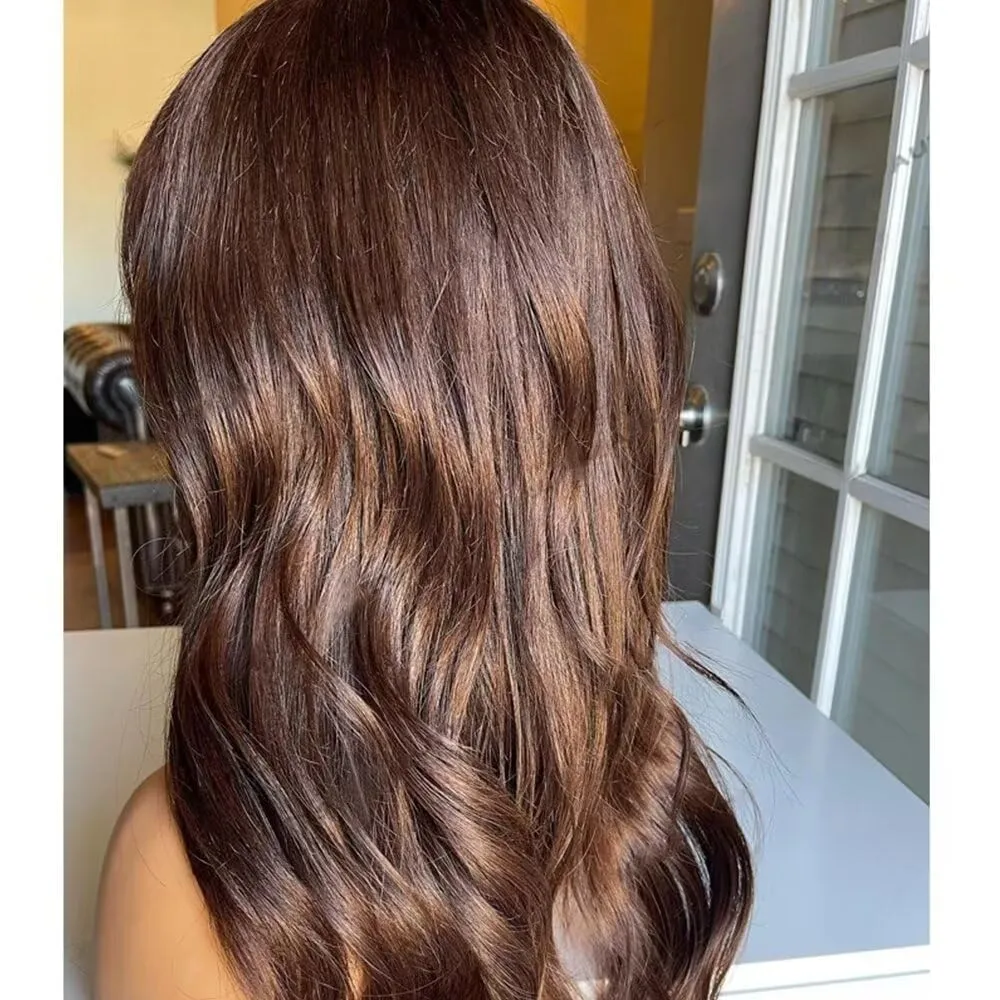 Chocolate Brown #4 Colored Wig with Bangs 13X6 HD Lace Front Wig Natural Wave Glueless Human Hair Pre Plucked with Bleached Knots Brazilian Remy Hair 150 Density For Black Woman 16 Inches