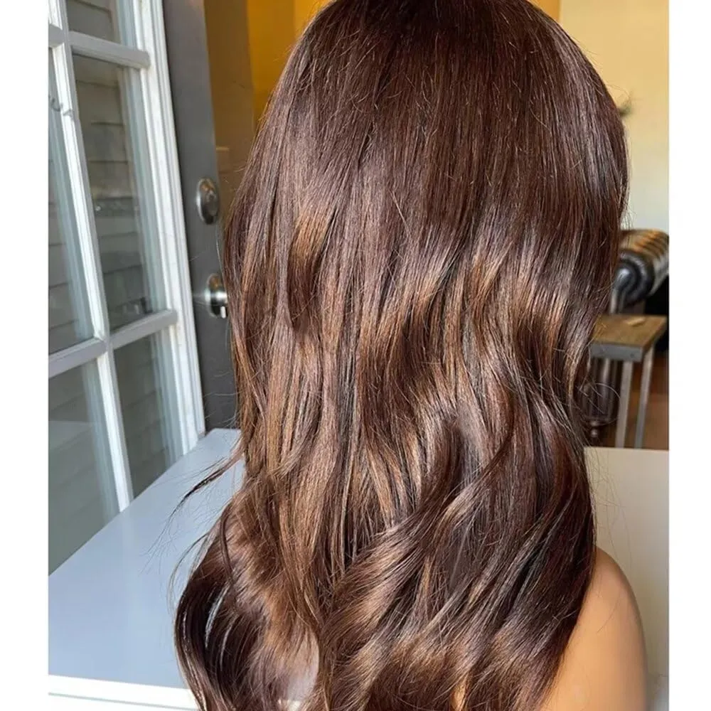 Chocolate Brown #4 Colored Wig with Bangs 13X6 HD Lace Front Wig Natural Wave Glueless Human Hair Pre Plucked with Bleached Knots Brazilian Remy Hair 150 Density For Black Woman 16 Inches