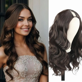 Chocolate Brown Body Wave V Part Wig Upgrade U Part Synthetic Wigs for Black Women, 24inch Long Wavy Brown Wig V Shape Glueless Wigs Full Head Clip in Half Wig No Leave Out(#4)