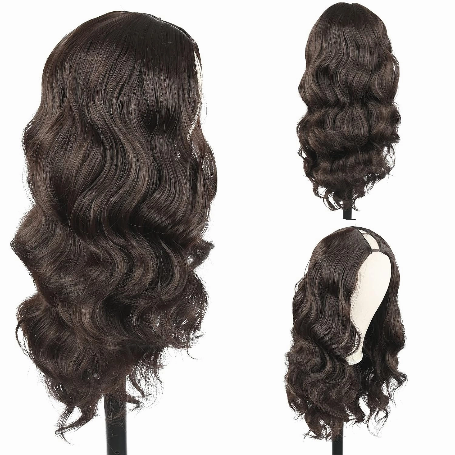 Chocolate Brown Body Wave V Part Wig Upgrade U Part Synthetic Wigs for Black Women, 24inch Long Wavy Brown Wig V Shape Glueless Wigs Full Head Clip in Half Wig No Leave Out(#4)