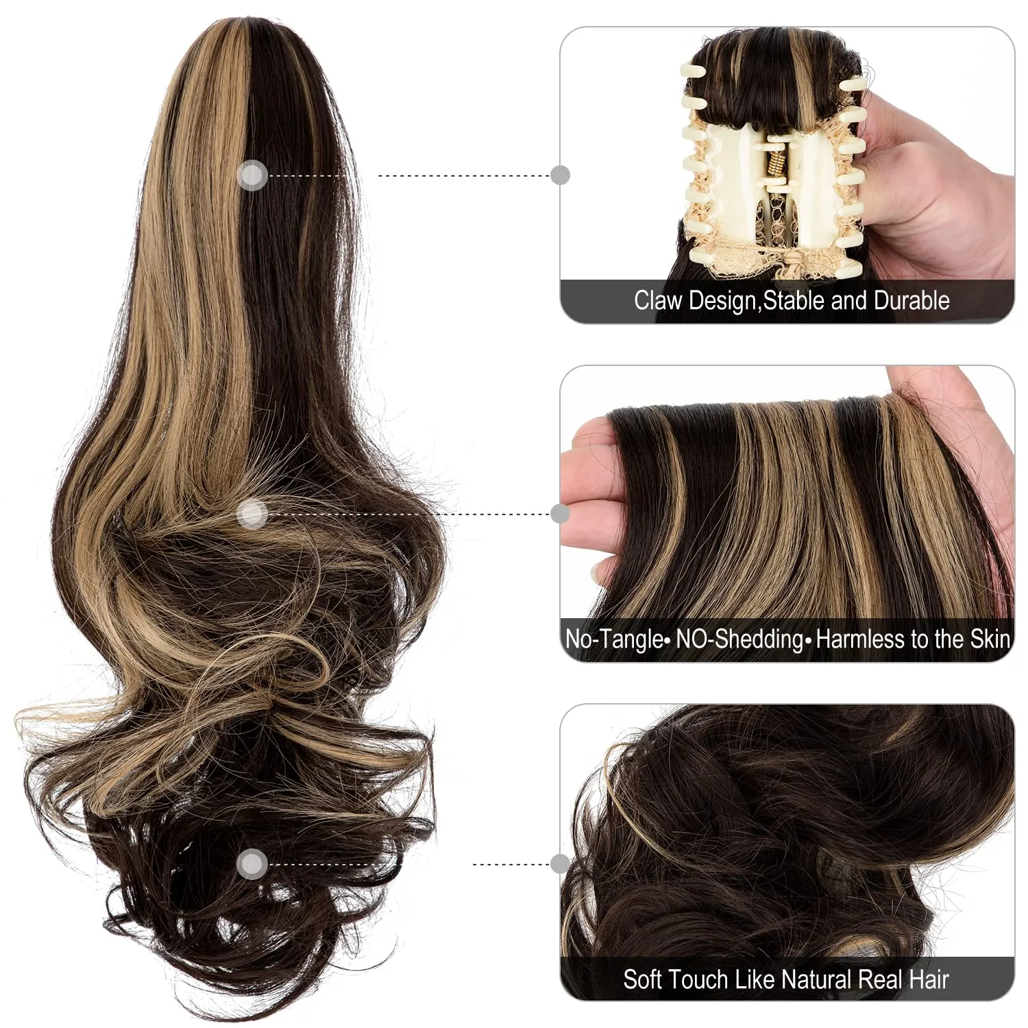 Claw Clip Ponytail Extension 18" Clip in Wavy Ponytail Hair Extensions Long Pony Tails for Women Extensions Ash Blonde Mix Brown Wave Hairpiece