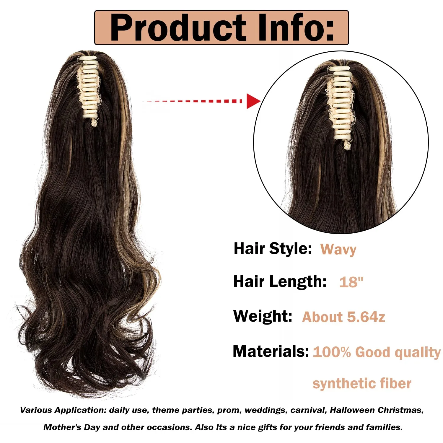 Claw Clip Ponytail Extension 18" Clip in Wavy Ponytail Hair Extensions Long Pony Tails for Women Extensions Ash Blonde Mix Brown Wave Hairpiece