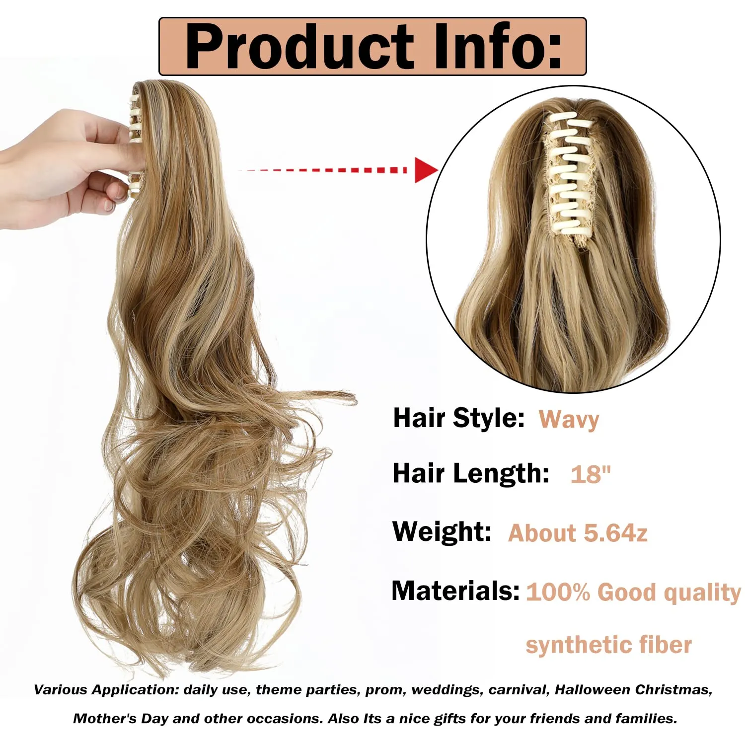 Claw Clip Ponytail Extension 18" Clip in Wavy Ponytail Hair Extensions Long Pony Tails for Women Extensions Ash Blonde Mix Ginger Brown Wave Hairpiece