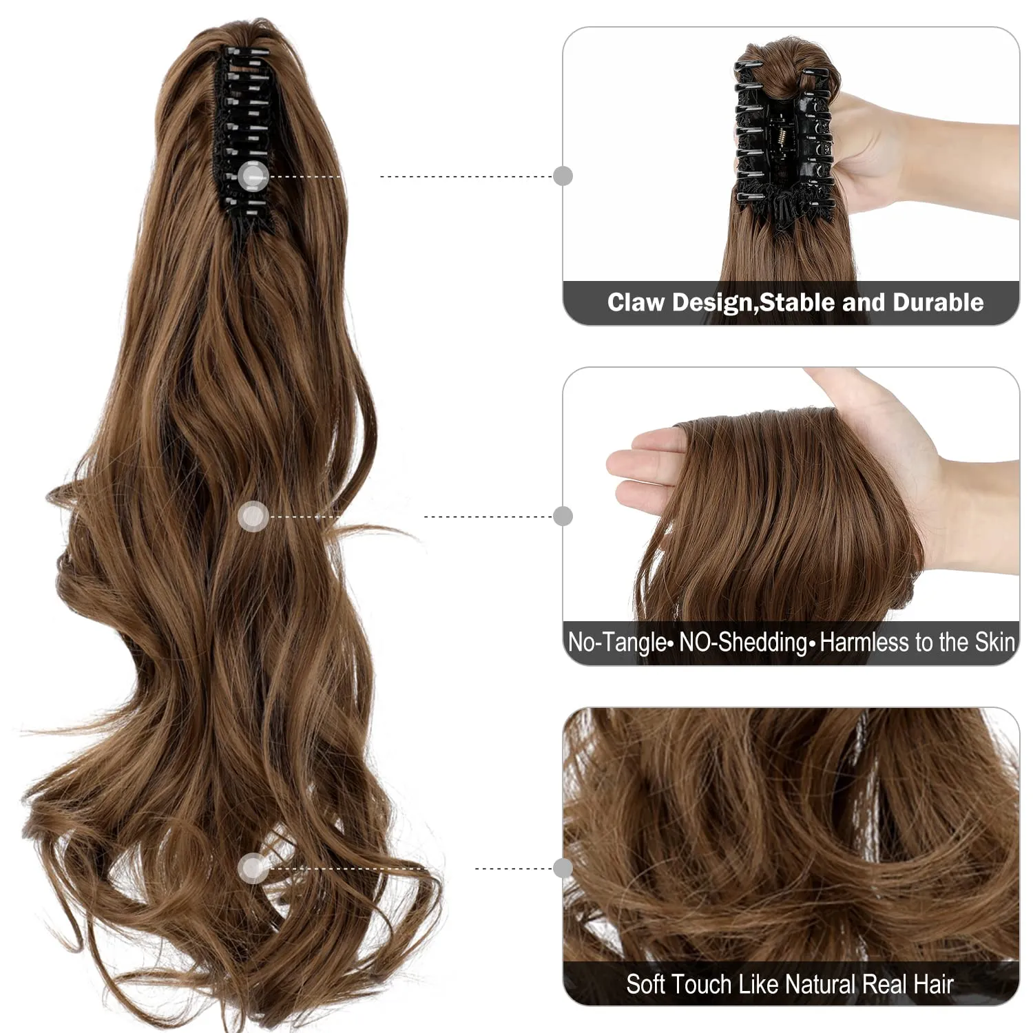 Claw Clip Ponytail Extension 18" Clip in Wavy Ponytail Hair Extensions Long Pony Tails for Women Extensions Light Chestnut Brown Wave Hairpiece