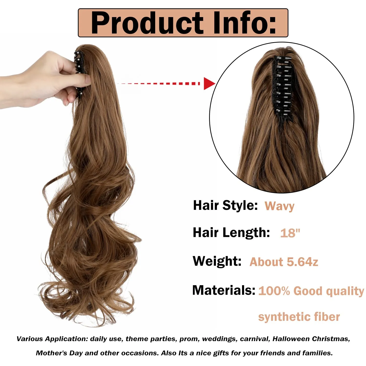 Claw Clip Ponytail Extension 18" Clip in Wavy Ponytail Hair Extensions Long Pony Tails for Women Extensions Light Chestnut Brown Wave Hairpiece