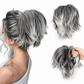 Claw Clip in Ponytail Hair Extensions Messy Bun Hair Piece Short Curly Pony Tail Fully Hair Bun For Cosplay 8 IN Ombre Grey White