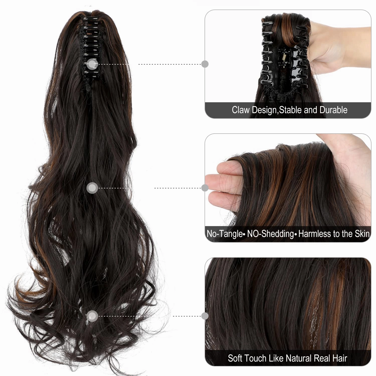 Claw Clip Ponytail Extension 18" Clip in Wavy Ponytail Hair extensions Long Pony Tails for Women Extensions Dark Brown Mix Light Auburn Wave Hairpiece