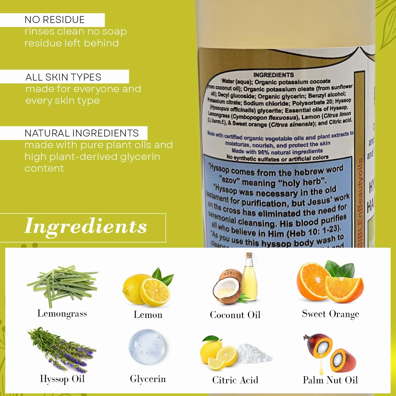 Cleanse Me With Hyssop Natural Hair and Body Wash, Organic Hyssop Infused Shampoo and Body Wash for Nourishing and Refreshing Hair & Body Cleansing (Lemongrass Lemon & Sweet Orange)