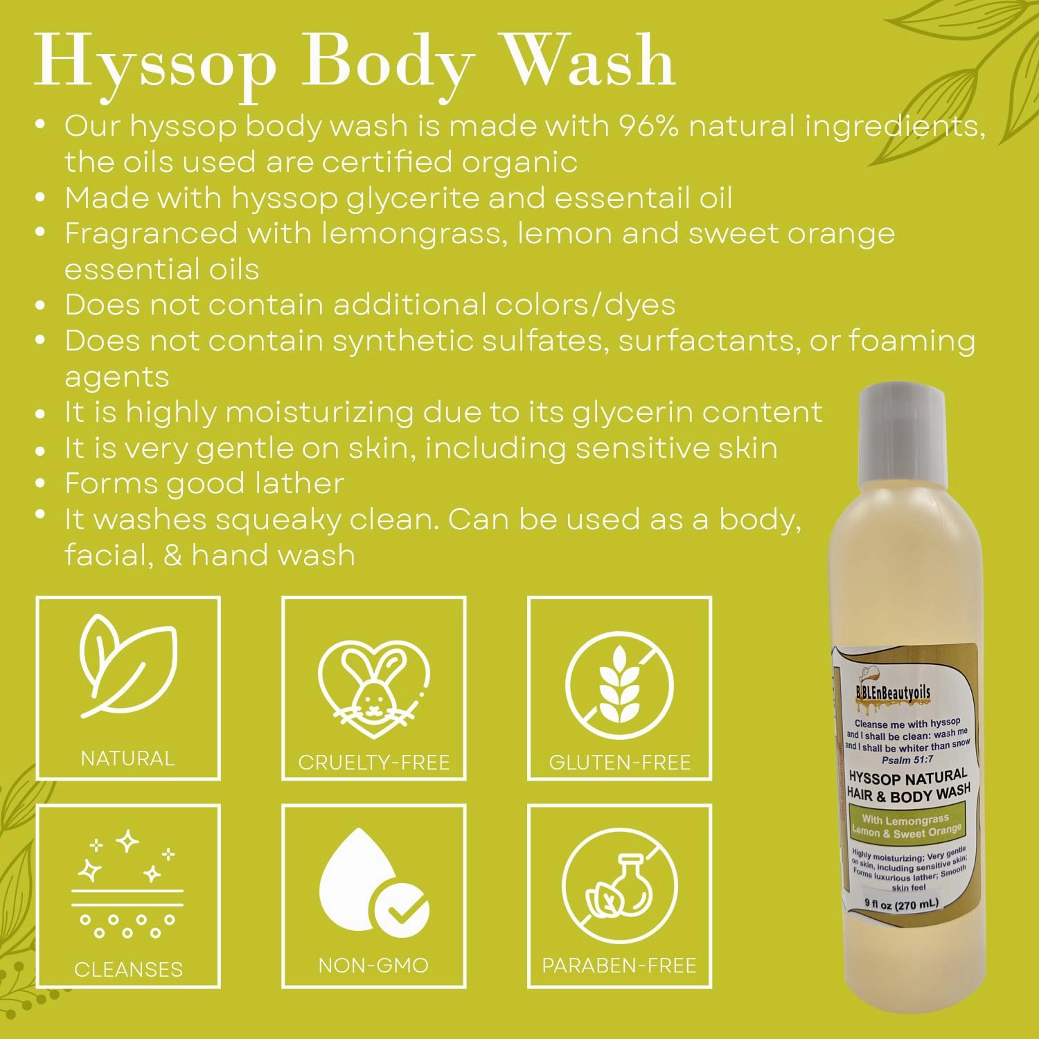 Cleanse Me With Hyssop Natural Hair and Body Wash, Organic Hyssop Infused Shampoo and Body Wash for Nourishing and Refreshing Hair & Body Cleansing (Lemongrass Lemon & Sweet Orange)
