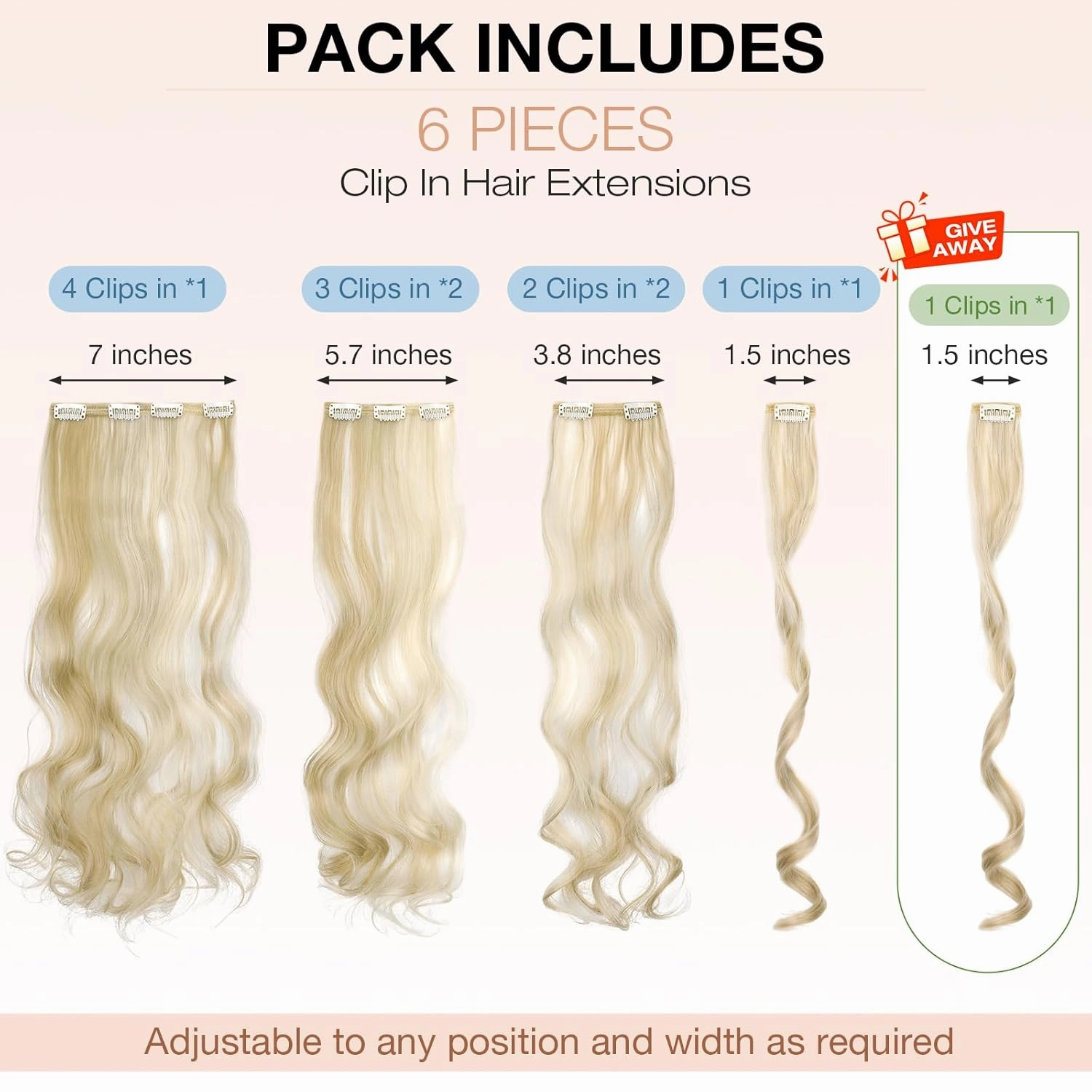 Clip in Hair Extensions, 22 Inch 6 PCS Natural Curly Soft Synthetic Hair Extensions Clip ins, Ash Blonde Mix Bleach Blonde Long Wavy Hairpiece for Women