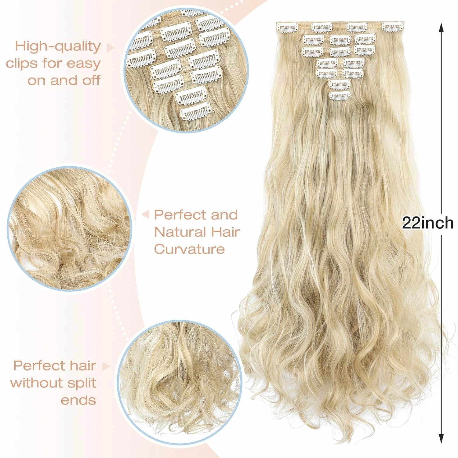 Clip in Hair Extensions, 22 Inch 6 PCS Natural Curly Soft Synthetic Hair Extensions Clip ins, Ash Blonde Mix Bleach Blonde Long Wavy Hairpiece for Women